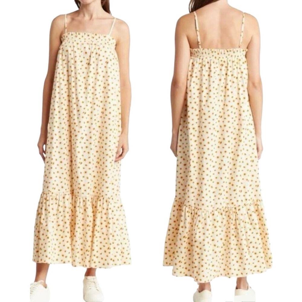 New We Wore What Daisy Print Cotton Smocked Midi Dress Ivory Multi Size Medium